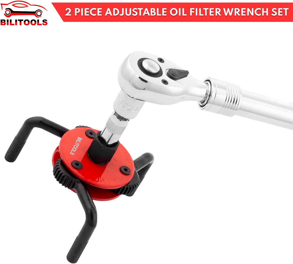 BILITOOLS Universal Adjustable 3-Jaw Oil Filter Wrench, 1/2-Inch Drive | Heavy-Duty Oil Filter Removal Tool, Fits 2-1/2 to 5-1/8 Inch Engine Filters for Cars, Trucks and SUVs