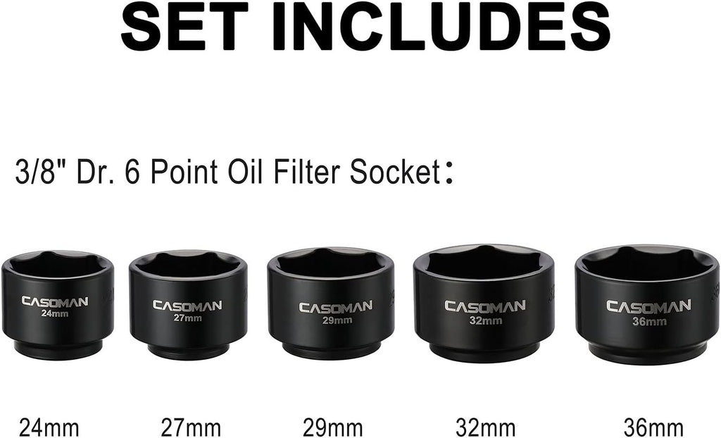 CASOMAN 5 Pieces 3/8" Drive Low Profile Oil Filter Socket Set, Oil Filter Cap Remover and Installer Tool Set, 6 Point, 24mm 27mm, 29mm, 32mm, 36mm, CR-V