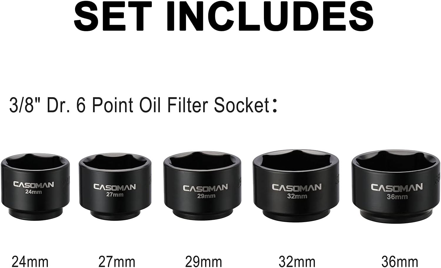 CASOMAN 5 Pieces 3/8" Drive Low Profile Oil Filter Socket Set, Oil Filter Cap Remover and Installer Tool Set, 6 Point, 24mm 27mm, 29mm, 32mm, 36mm, CR-V