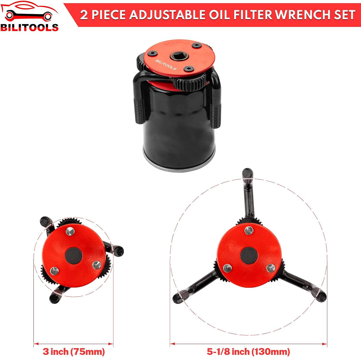 BILITOOLS Universal Adjustable 3-Jaw Oil Filter Wrench, 1/2-Inch Drive | Heavy-Duty Oil Filter Removal Tool, Fits 2-1/2 to 5-1/8 Inch Engine Filters for Cars, Trucks and SUVs