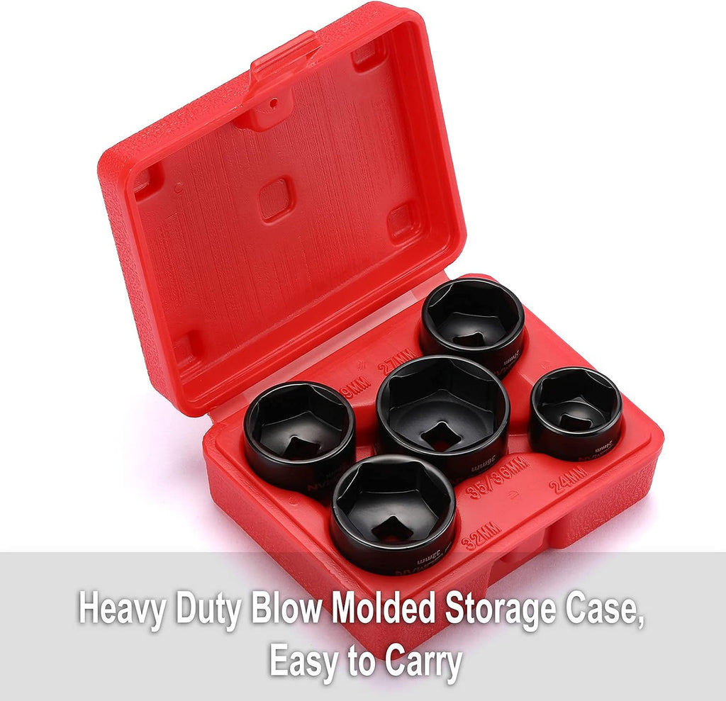 CASOMAN 5 Pieces 3/8" Drive Low Profile Oil Filter Socket Set, Oil Filter Cap Remover and Installer Tool Set, 6 Point, 24mm 27mm, 29mm, 32mm, 36mm, CR-V