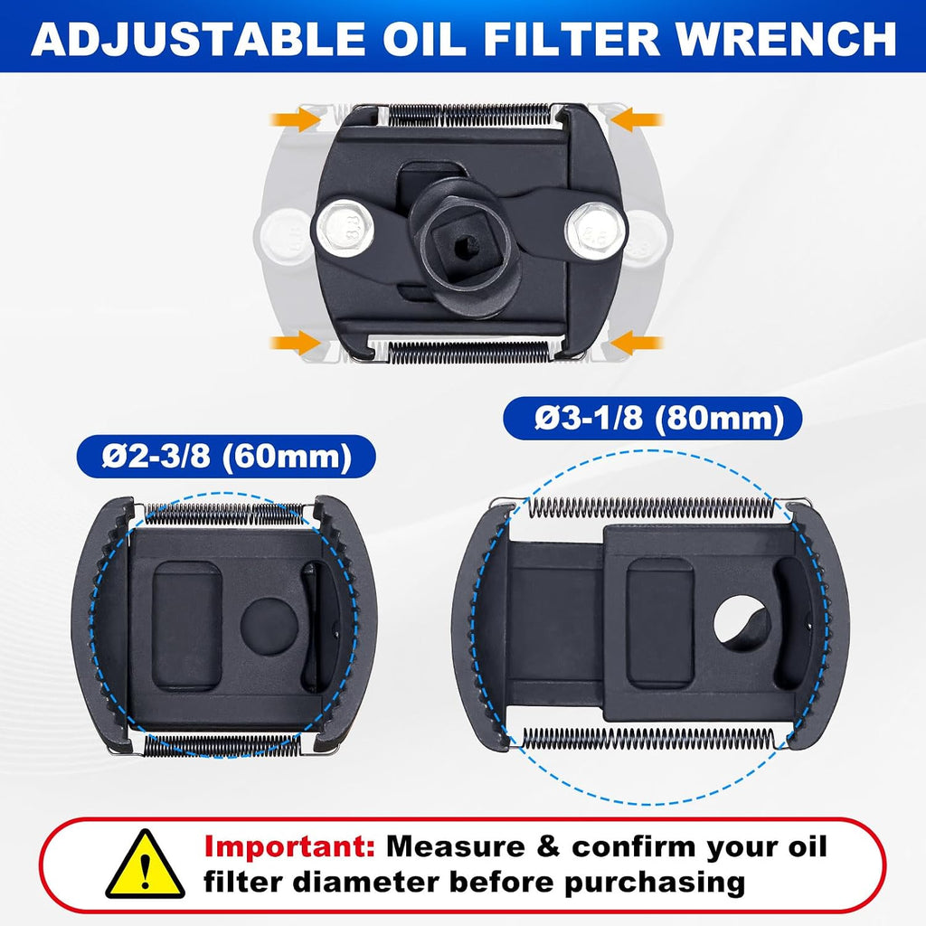 Spurtar Adjustable Oil Filter Wrench 2-3/8 to 3-1/8 inch 60-80mm Universal | Oil Filter Removal Tool 1/2'' Drive Cap Style Oil Filter Tool Fits Small Medium-sized Spin-on Oil Filters UTV JetSkis