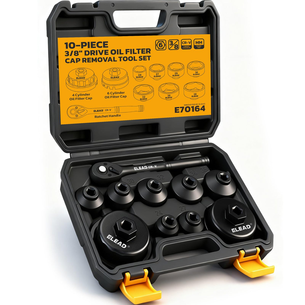 7-Piece 24-38mm Oil Filter Socket Wrench Set, 3/8'' Drive Oil Filter Cap Removal Tool, Oil-change Kit with 3/8'' Drive Ratchet Wrench Handle, Compatible with Toyota BMW Audi VW Porsche Vehicles