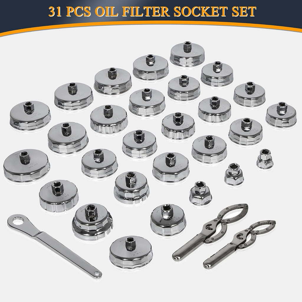 Oil Filter Wrench Set, 31PCS Oil Filter Socket Set 1/2 Inch Drive | Oil Filter Cap Removal Tool Stainless Steel 27mm 32mm 36mm 64mm-101mm Compatible with Volvo, BMW, Toyota, Honda, Nissan, etc