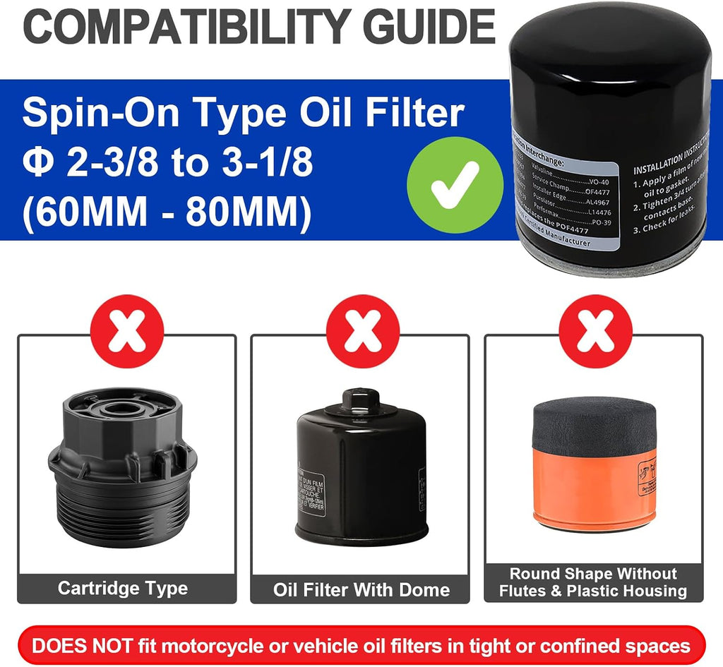 Spurtar Adjustable Oil Filter Wrench 2-3/8 to 3-1/8 inch 60-80mm Universal | Oil Filter Removal Tool 1/2'' Drive Cap Style Oil Filter Tool Fits Small Medium-sized Spin-on Oil Filters UTV JetSkis