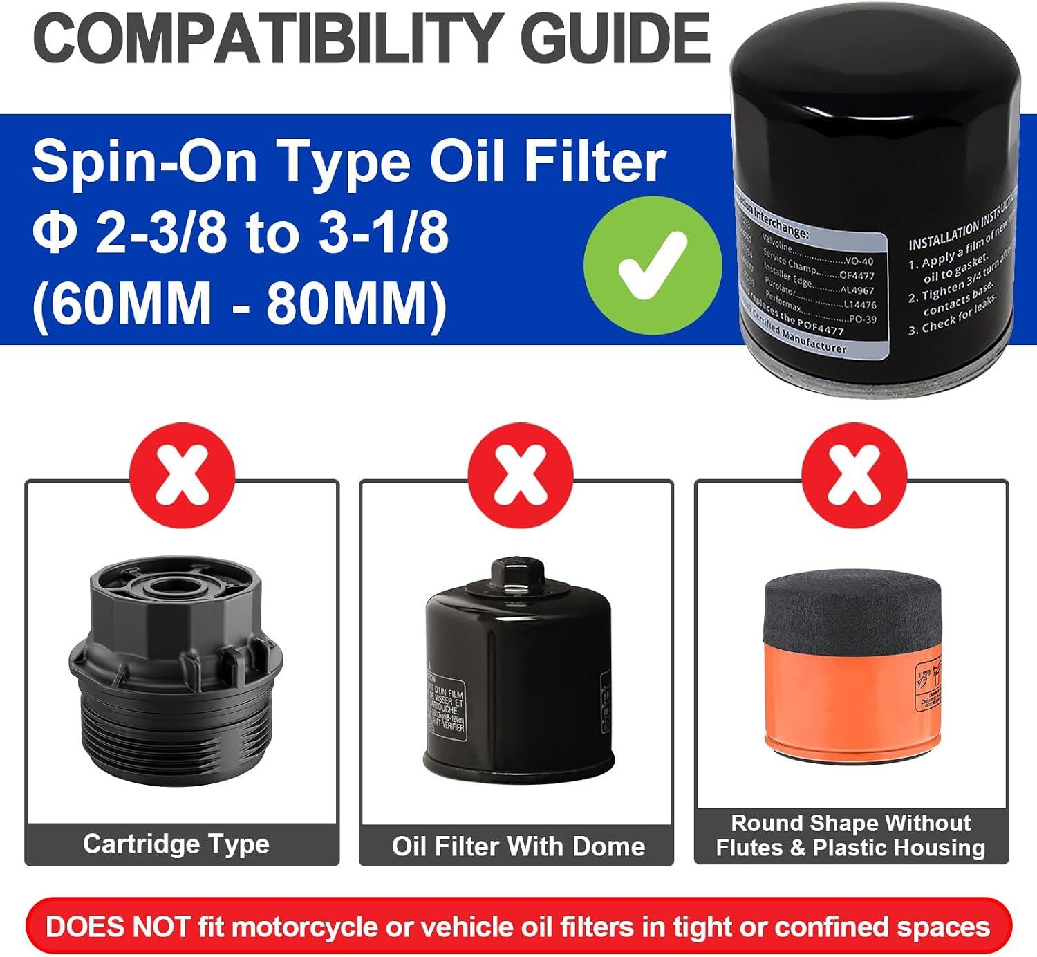 Spurtar Adjustable Oil Filter Wrench 2-3/8 to 3-1/8 inch 60-80mm Universal | Oil Filter Removal Tool 1/2'' Drive Cap Style Oil Filter Tool Fits Small Medium-sized Spin-on Oil Filters UTV JetSkis