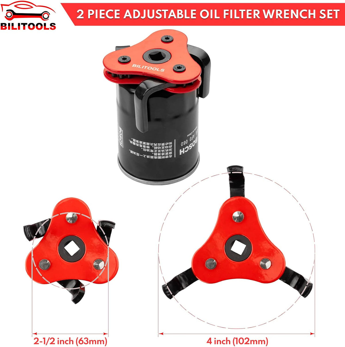 BILITOOLS Universal Adjustable 3-Jaw Oil Filter Wrench, 1/2-Inch Drive | Heavy-Duty Oil Filter Removal Tool, Fits 2-1/2 to 5-1/8 Inch Engine Filters for Cars, Trucks and SUVs