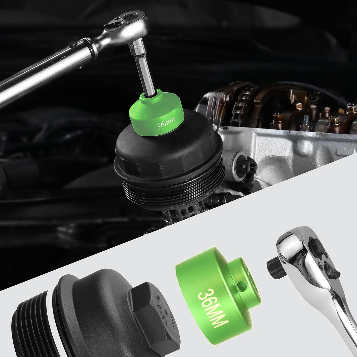 Oil Filter Socket Set, Oil filter Removal Tool. 6 pieces 3/8" Drive, metric size 36mm 32mm 29mm 28mm 27mm 24mm Socket Fuel Filter/Oil Filter Wrench Set