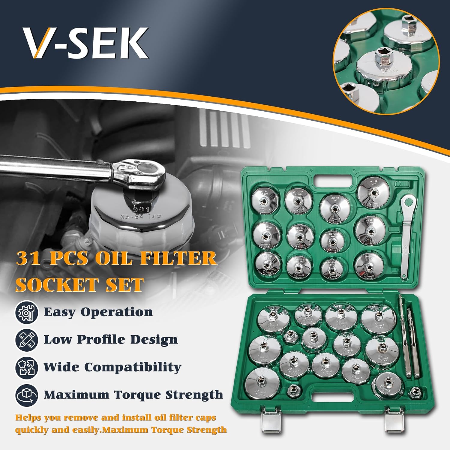Oil Filter Wrench Set, 31PCS Oil Filter Socket Set 1/2 Inch Drive | Oil Filter Cap Removal Tool Stainless Steel 27mm 32mm 36mm 64mm-101mm Compatible with Volvo, BMW, Toyota, Honda, Nissan, etc