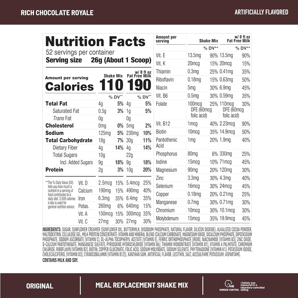 SlimFast Meal Replacement Powder, Original Rich Chocolate Royale, Weight Loss Shake Mix, 10g of Protein, 52 Servings (Packaging May Vary)