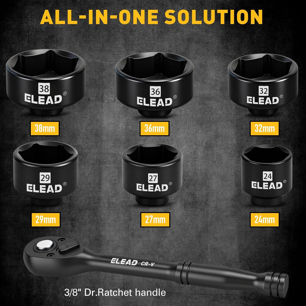 7-Piece 24-38mm Oil Filter Socket Wrench Set, 3/8'' Drive Oil Filter Cap Removal Tool, Oil-change Kit with 3/8'' Drive Ratchet Wrench Handle, Compatible with Toyota BMW Audi VW Porsche Vehicles